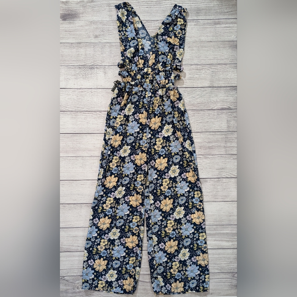 3rd + Malt Blue Floral Print Jumpsuit Side Cutouts Juniors Large Wide Leg